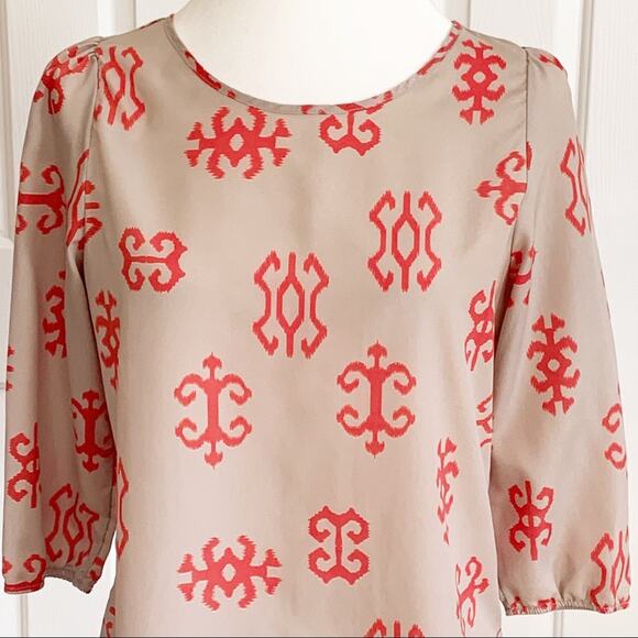 Gianni Bini Blouse Taupe Orange Tangerine Print Blouse Top Size Medium - Picture 6 of 9